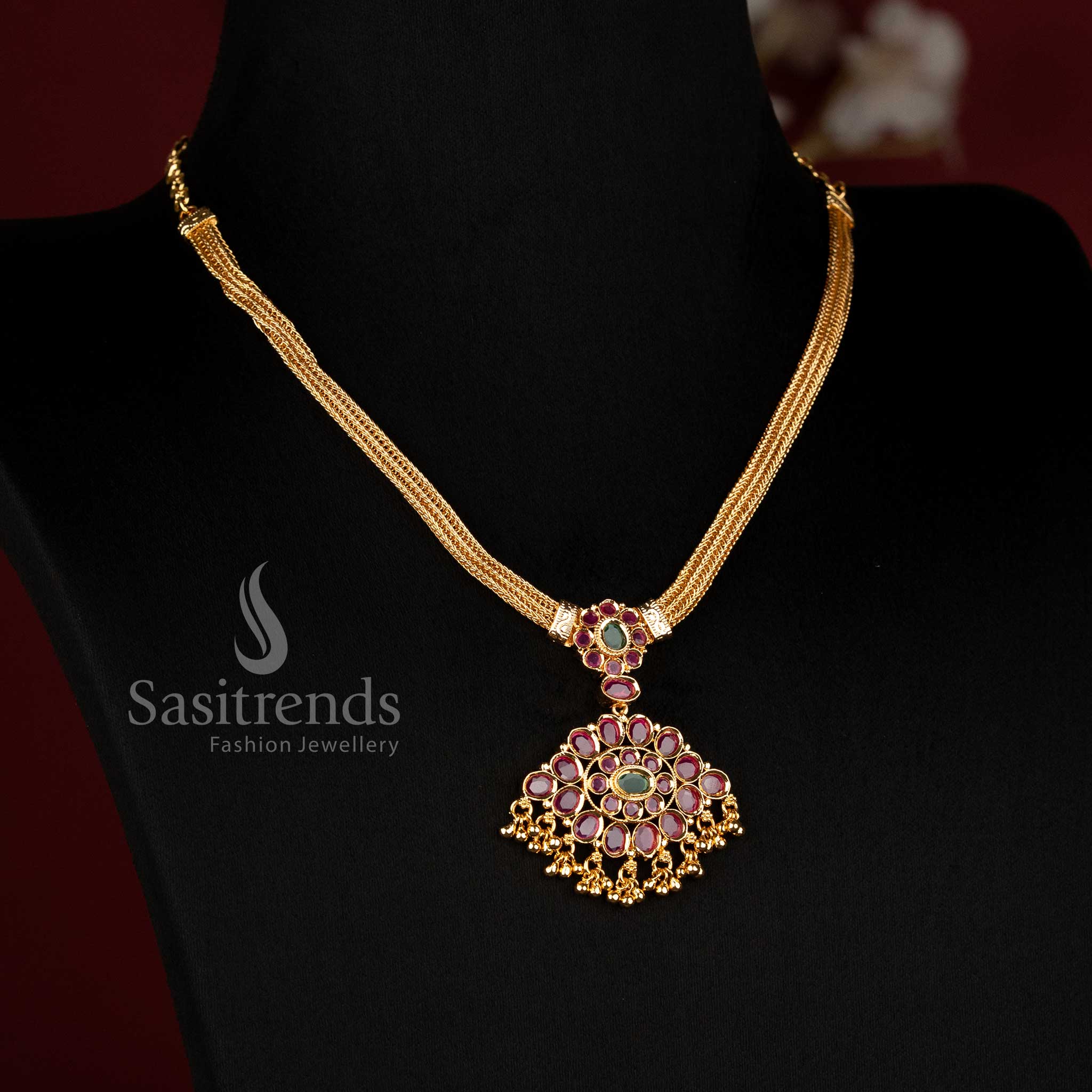Traditional One Gram Micro Gold Plated AD Stone Floral Medallion Woven Chain Necklace - Sasitrends