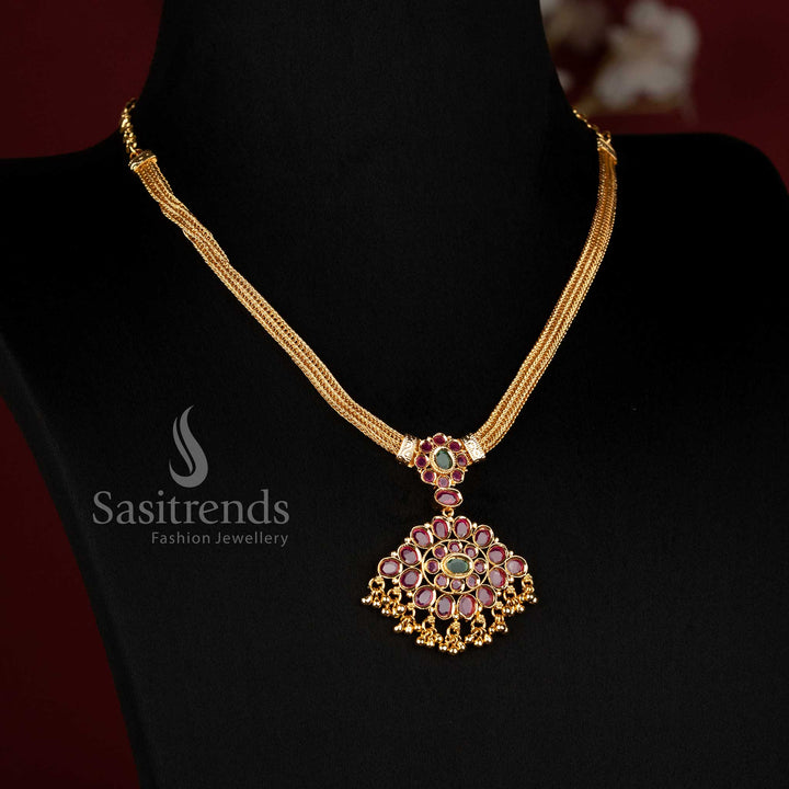 Traditional One Gram Micro Gold Plated AD Stone Floral Medallion Woven Chain Necklace - Sasitrends