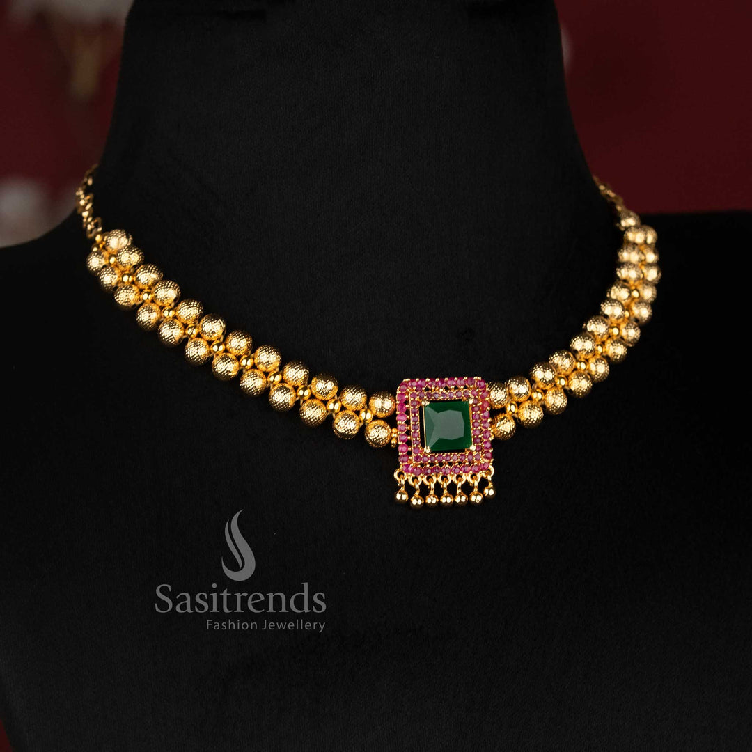 One Gram Micro Gold Plated Square AD Stone Ball Bead Necklace for Women - Sasitrends