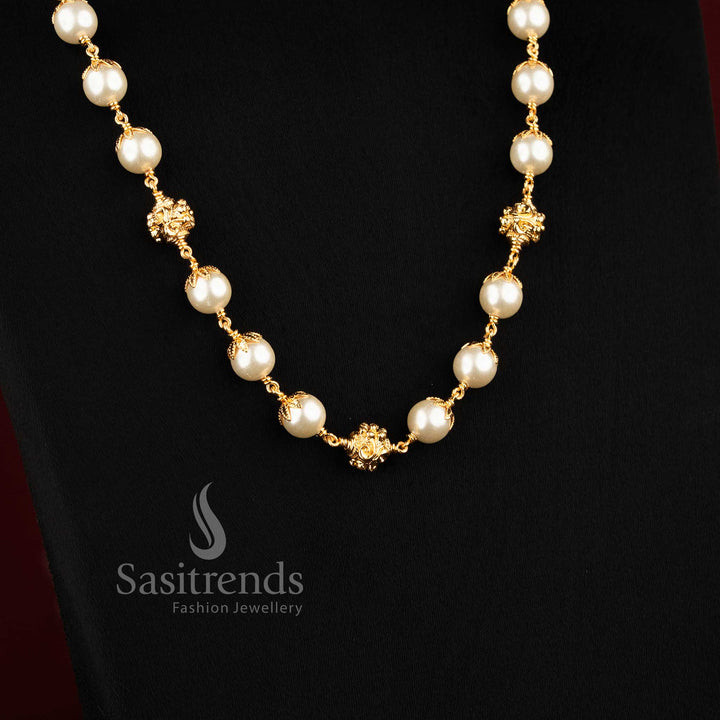 Micro Gold Plated Grand Pearl Necklace with Floral Golden Balls Online Shopping - Sasitrends