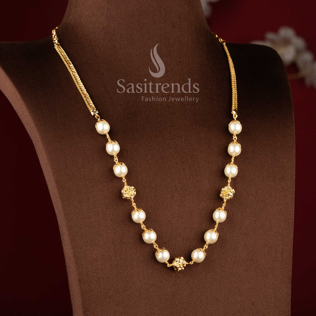  1 Gram Micro Gold Plated Grand Pearl Necklace with Floral Golden Balls Online Shopping - Sasitrends 