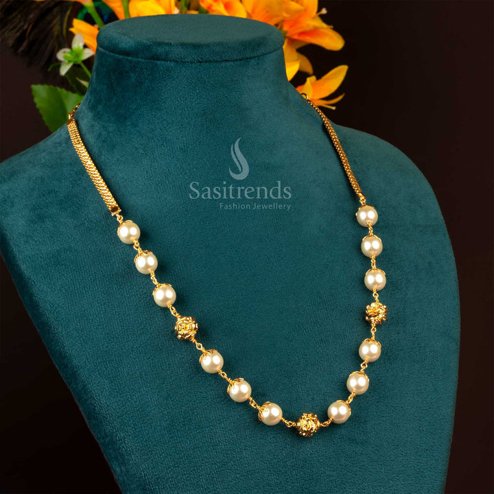 Traditional Micro Gold Plated Grand Pearl Necklace with Floral Golden Balls - Sasitrends