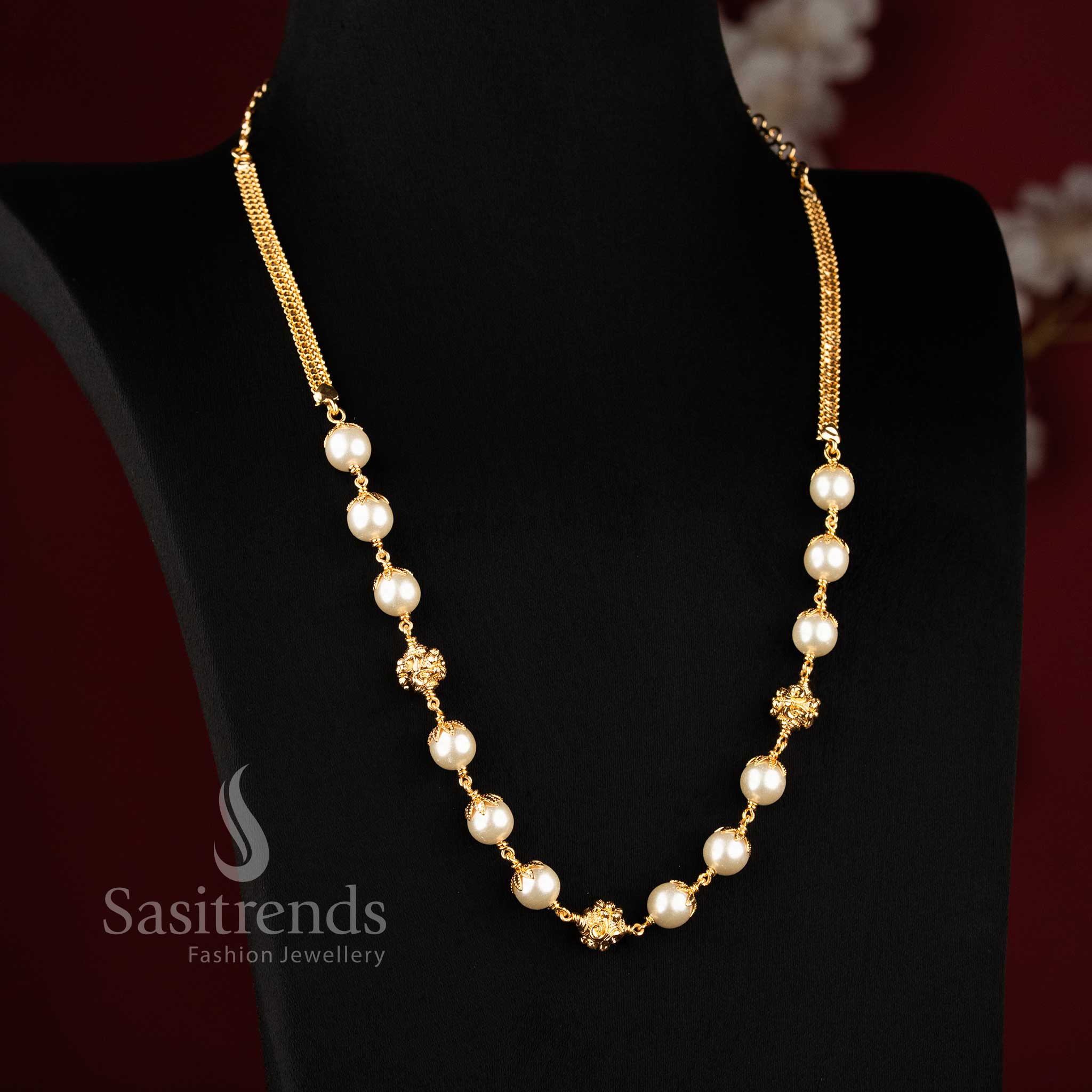  1 Gram Micro Gold Plated Grand Pearl Necklace with Floral Golden Balls Online Shopping - Sasitrends 