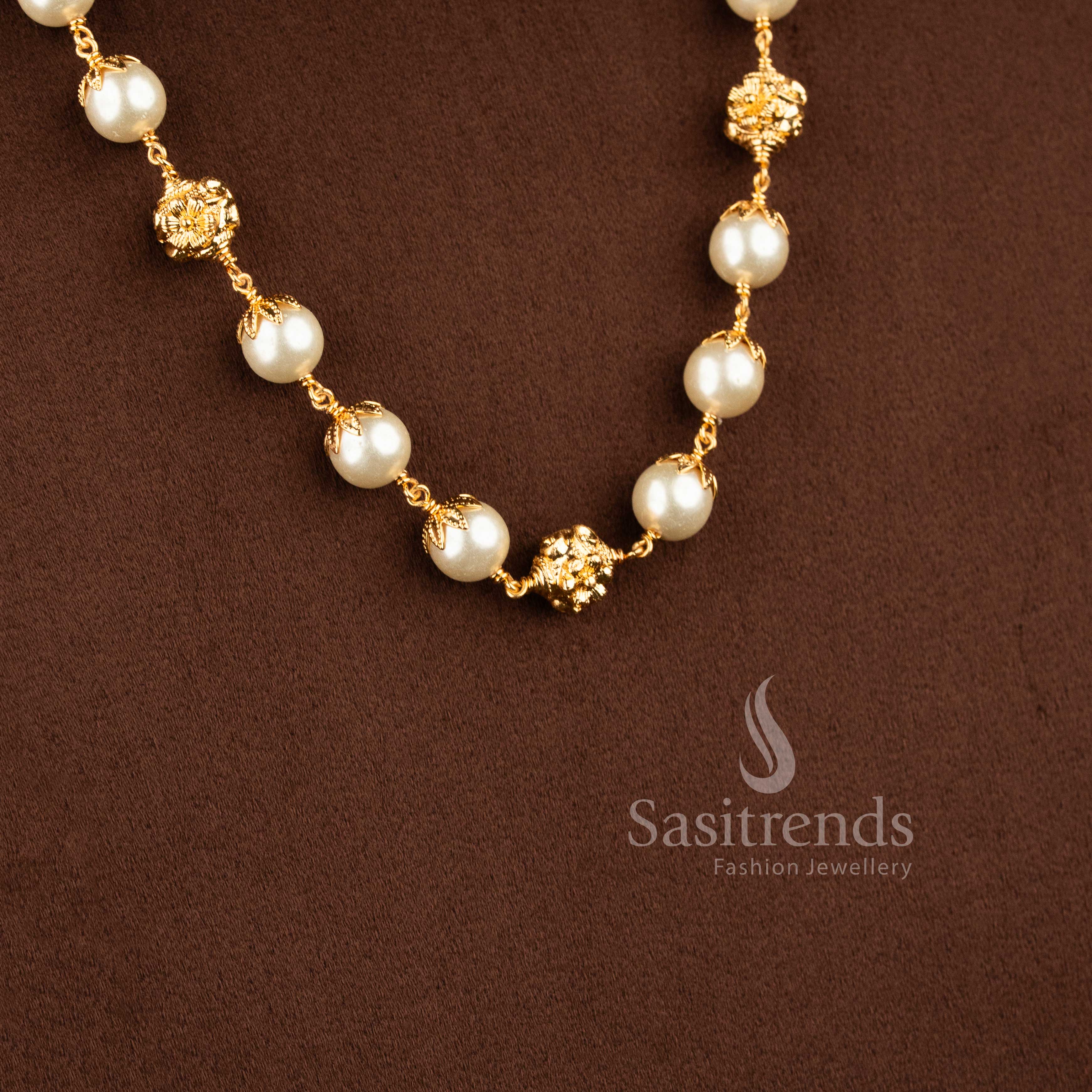  1 Gram Micro Gold Plated Grand Pearl Necklace with Floral Golden Balls Online Shopping - Sasitrends 
