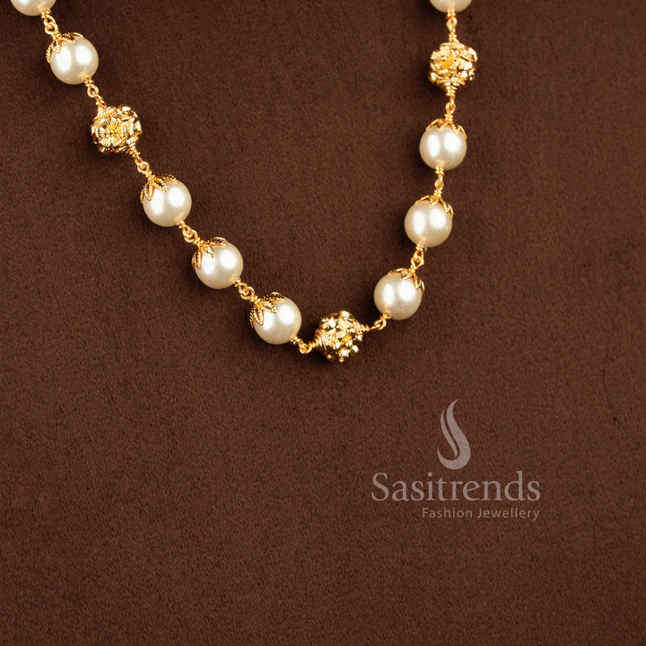  1 Gram Micro Gold Plated Grand Pearl Necklace with Floral Golden Balls Online Shopping - Sasitrends 