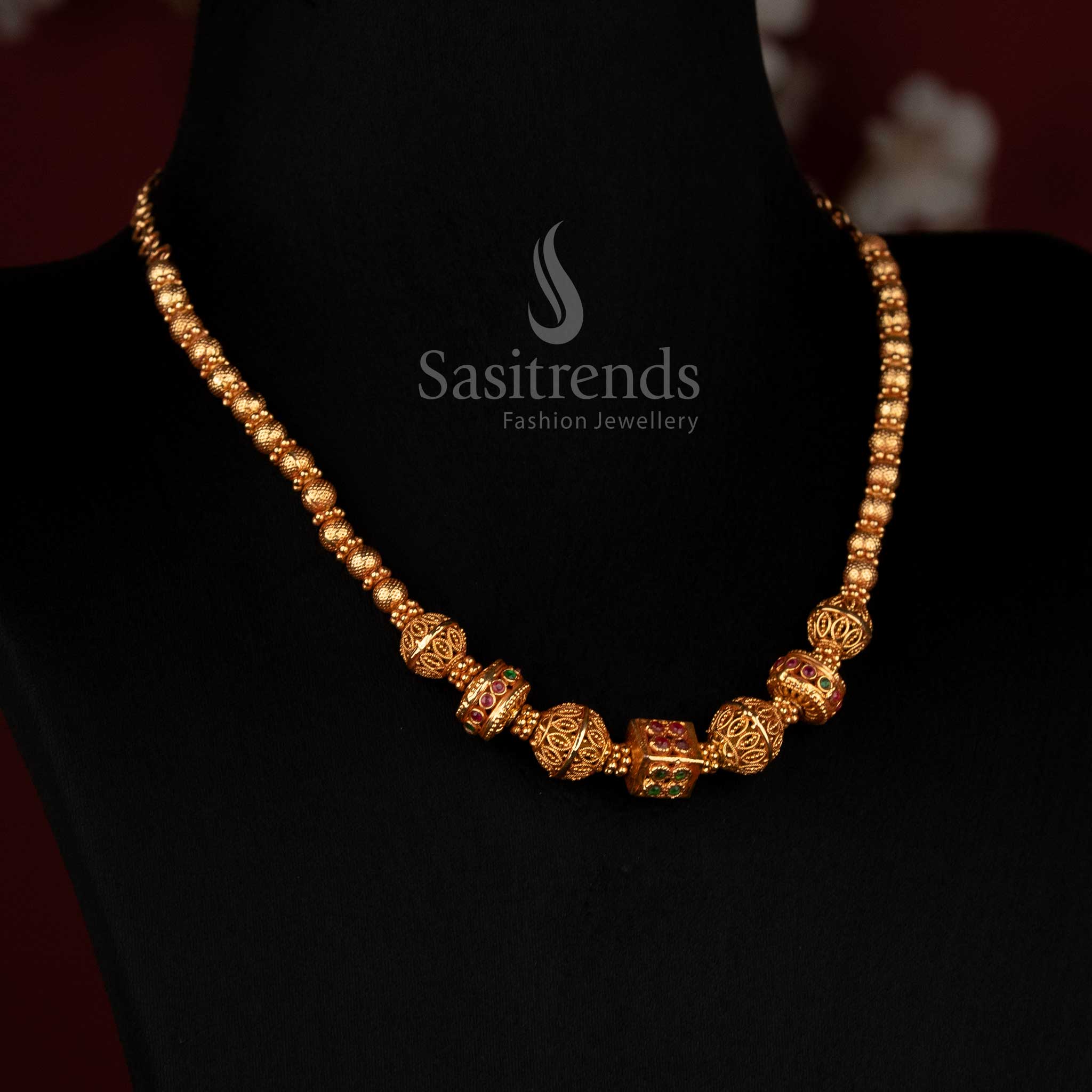 Elegant One Gram Micro Gold Plated Beaded Necklace with Barrel Motifs and Square Centre Accents - Sasitrends