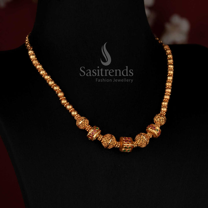 Elegant One Gram Micro Gold Plated Beaded Necklace with Barrel Motifs and Square Centre Accents - Sasitrends