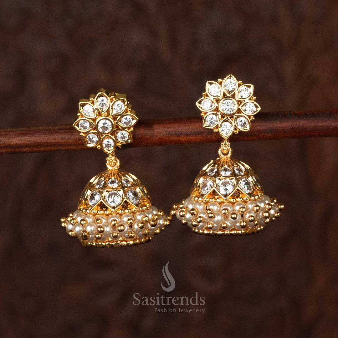 Guaranteed micro gold plated white jumkas with hanging pearls, perfect for traditional wear - Sasitrends