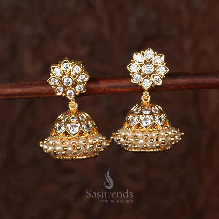 Gorgeous Traditional Micro Gold Plated AD Stone Pearl Earrings - Traditonal Elegance