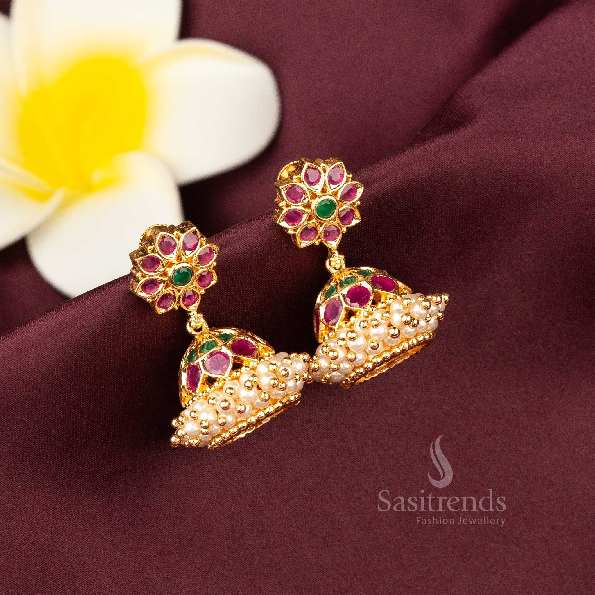 Gorgeous Traditional Micro Gold Plated AD Stone Pearl Earrings - Traditonal Elegance - Sasitrends