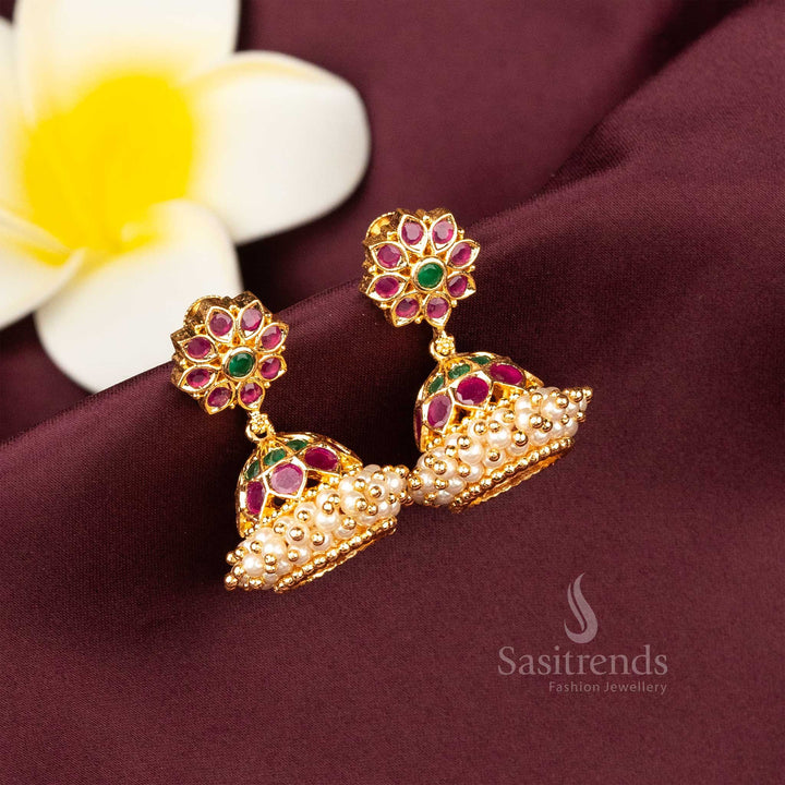 Gorgeous Traditional Micro Gold Plated AD Stone Pearl Earrings - Traditonal Elegance - Sasitrends