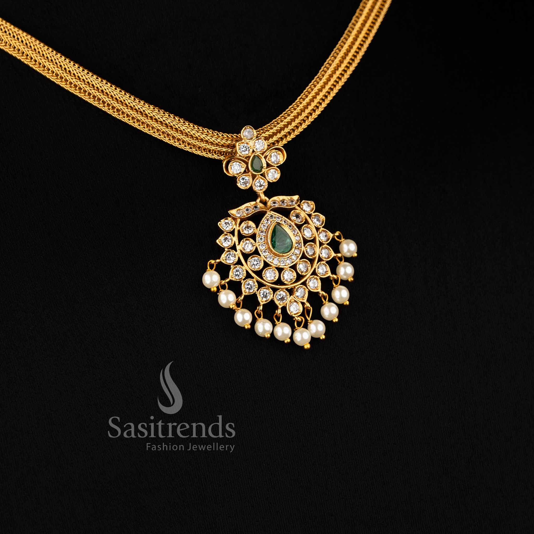 Traditional Temple Matte Gold Finish Floral Pendant AD Necklace Jewellery Set with Adjustable Chain | Sasitrends - Sasitrends