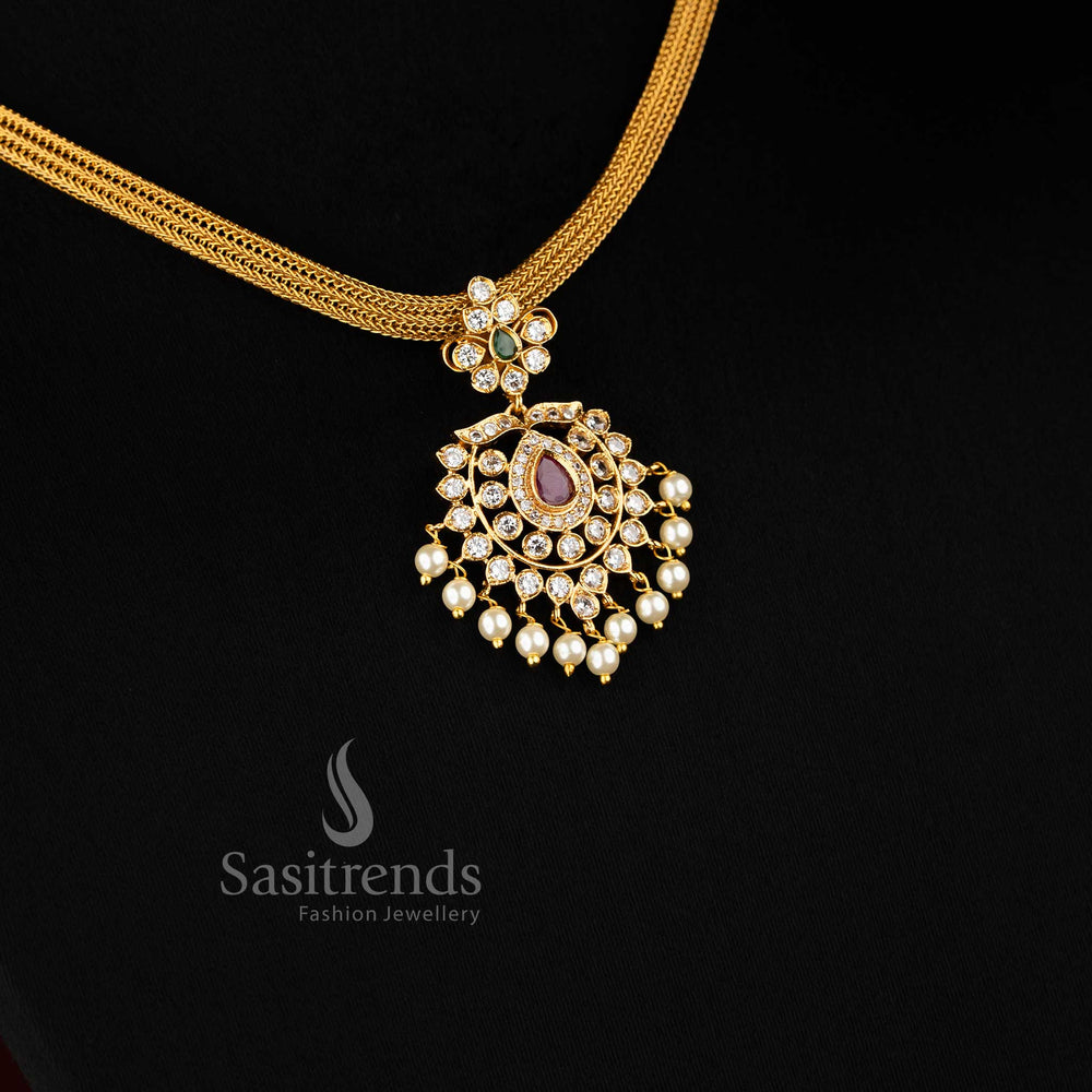 Multi Stone Floral Temple Matte Gold Plated Pendant Jewellery Set With Colourful Jhumkas And Chain For Women – Sasitrends