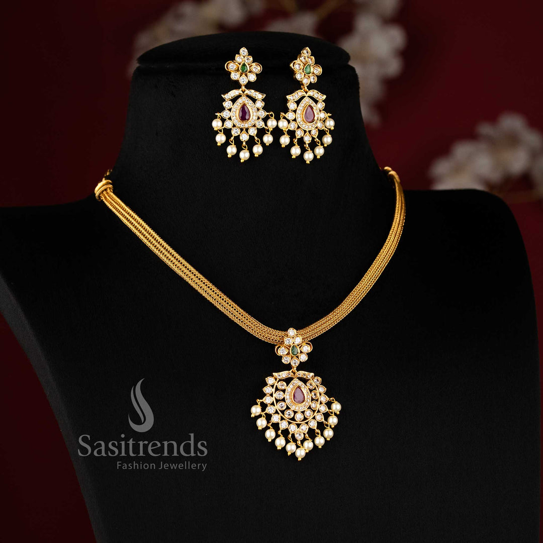 Multi Stone Floral Temple Matte Gold Plated Pendant Jewellery Set With Colourful Jhumkas And Chain For Women – Sasitrends