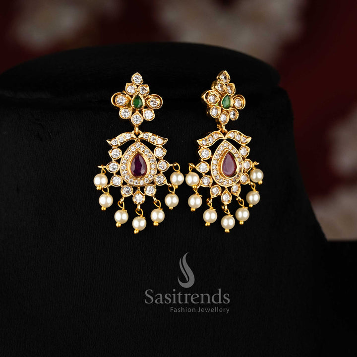 Multi Stone Floral Temple Matte Gold Plated Pendant Jewellery Set With Colourful Jhumkas And Chain For Women – Sasitrends