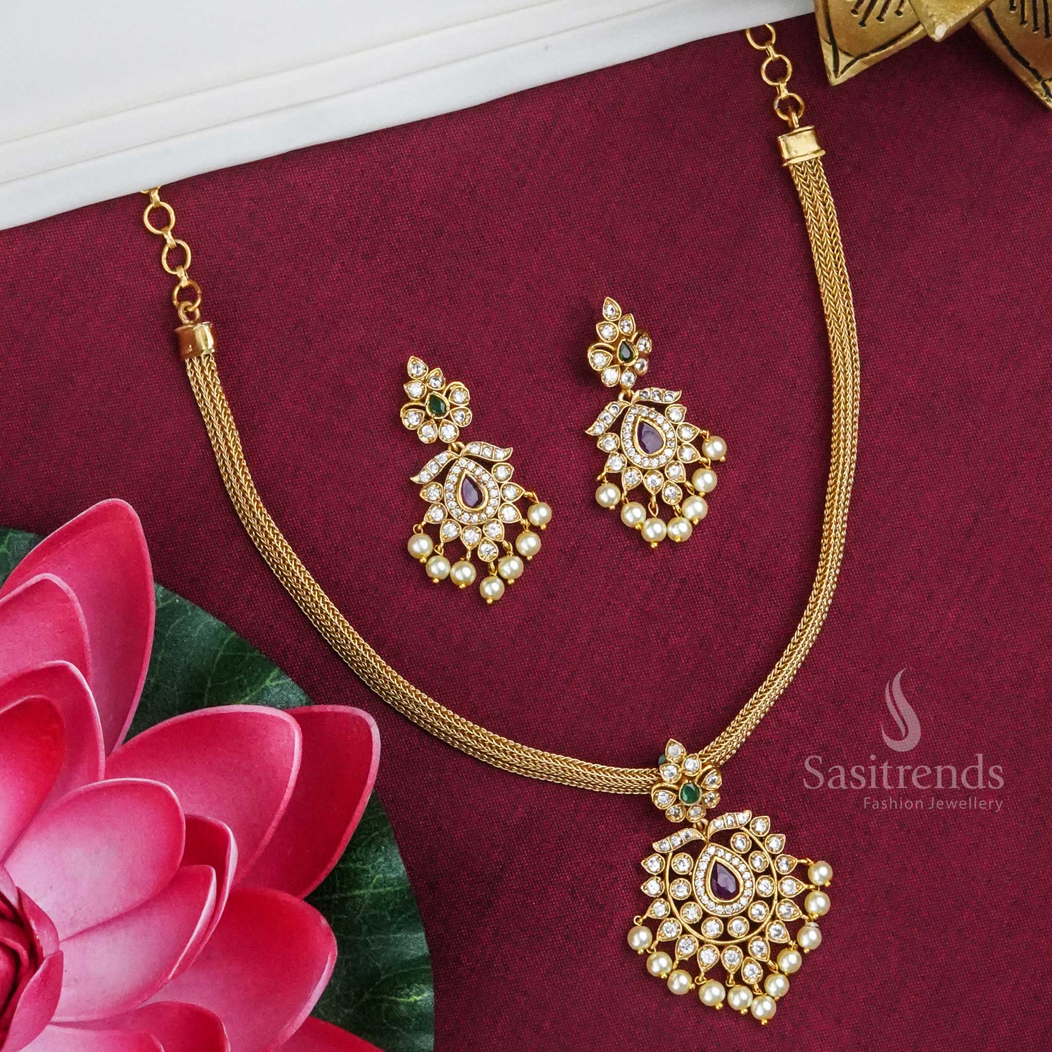 Multi Stone Floral Temple Matte Gold Plated Pendant Jewellery Set With Colourful Jhumkas And Chain For Women – A Lively Cultural Accessory With Vibrant Tones And Traditional Temple Craft Detailing – Sasitrends