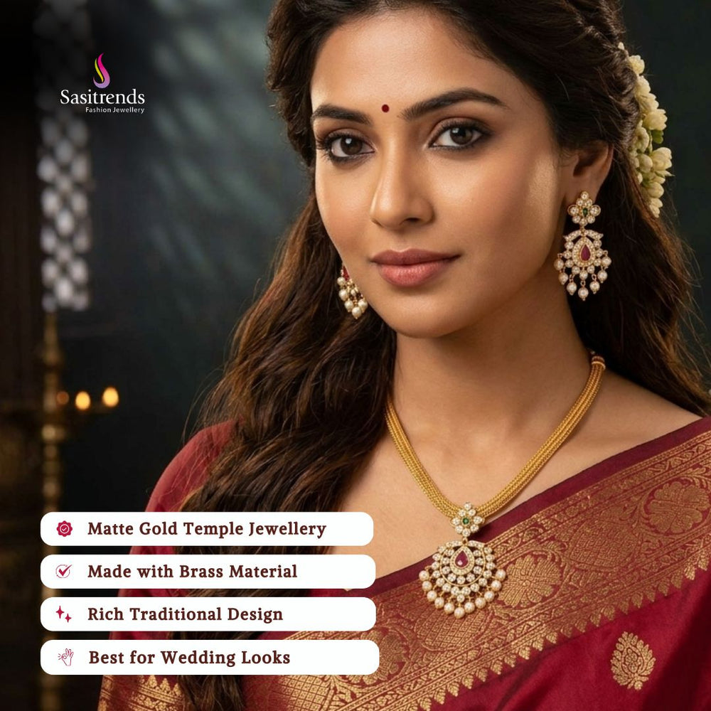 Premium Matte gold plated american diamond necklace set model image - Sasitrends