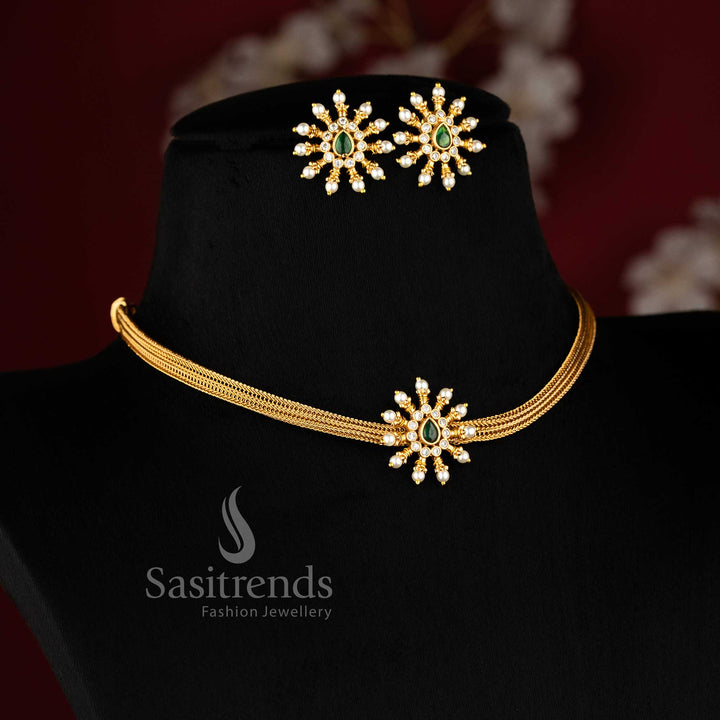  White and Green floral motif temple-style choker jewellery set in matte gold plating, perfect for wedding charm and festive ensemble – Sasitrends 