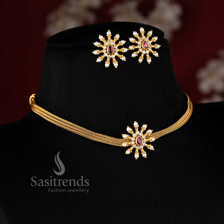White and ruby floral motif temple-style choker jewellery set in matte gold plating, perfect for wedding charm and festive ensemble – Sasitrends