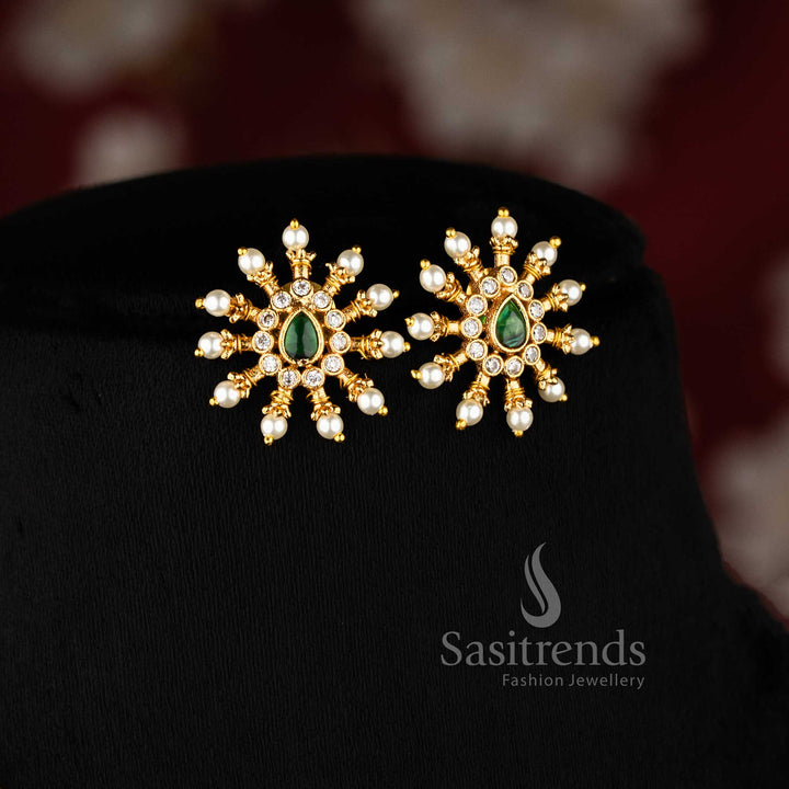 White and green floral motif temple-style choker jewellery set in matte gold plating, perfect for wedding charm and festive ensemble – Sasitrends 