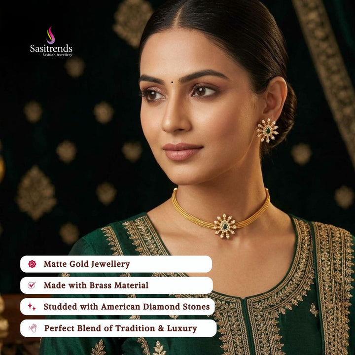 Premium Matte gold plated american diamond necklace set model image - Sasitrends