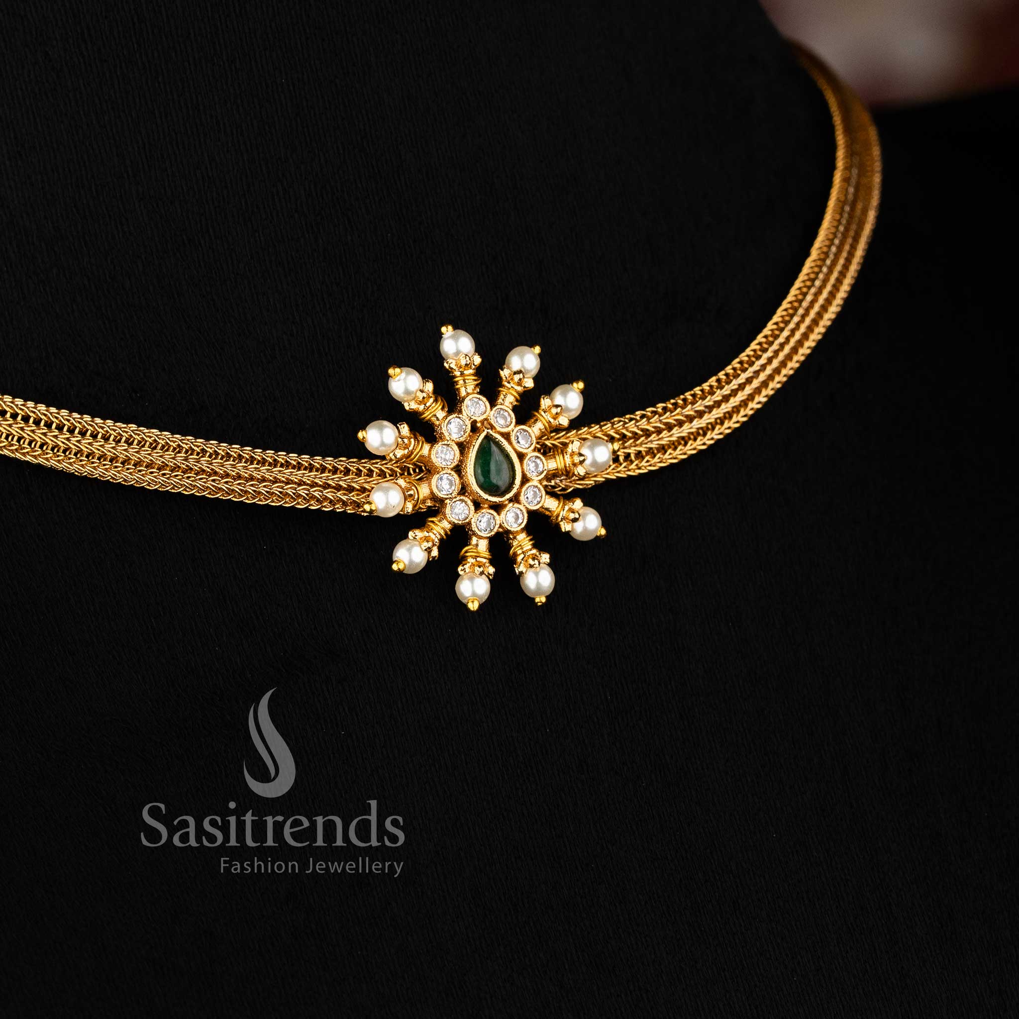 White and green floral motif temple-style choker jewellery set in matte gold plating, perfect for wedding charm and festive ensemble – Sasitrends