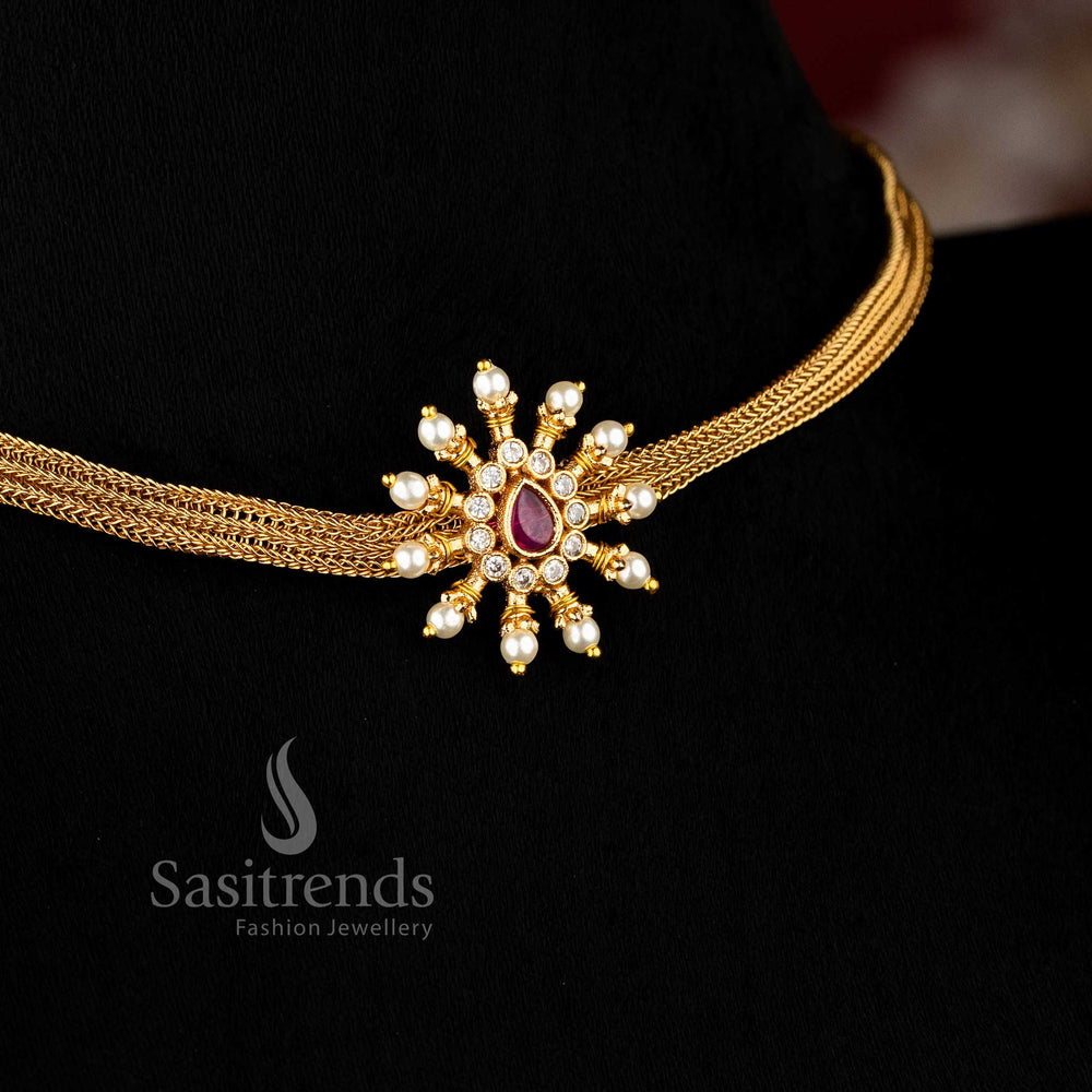 White and ruby floral motif temple-style choker jewellery set in matte gold plating, perfect for wedding charm and festive ensemble – Sasitrends