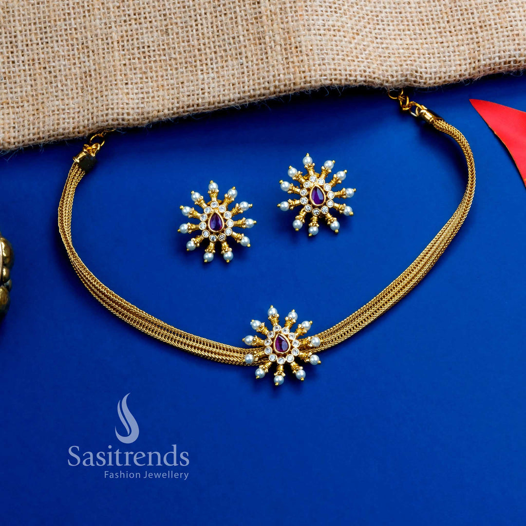Latest Temple Matte Gold Plated Floral Motif Choker Jewellery Set Traditional Wear Jewellery