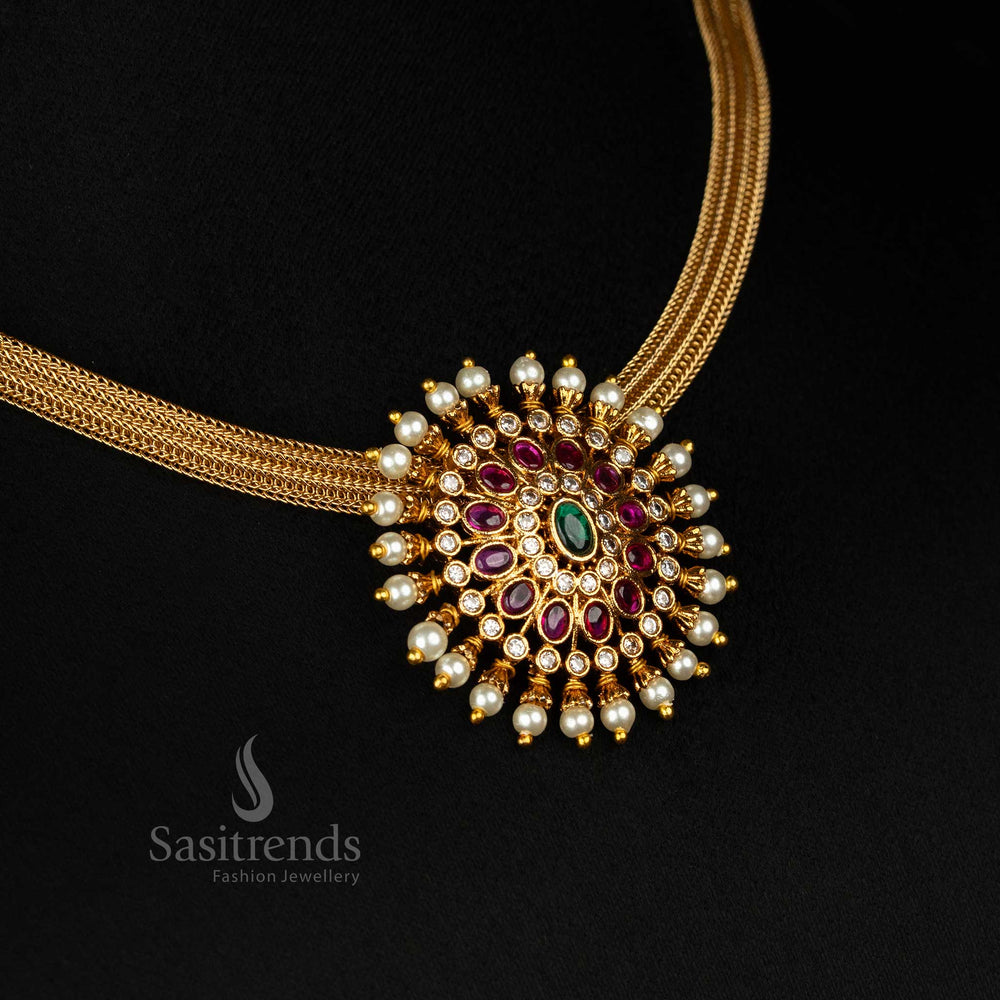 Charming Matte Gold Floral Pendant Choker Jewellery In Multi Colour Accents With Rich Kemp Stones And Intricate Temple Carvings – Designed For Ethnic Bridal Wear – Sasitrends