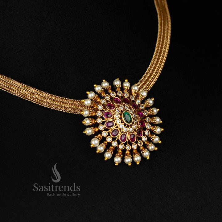 Charming Matte Gold Floral Pendant Choker Jewellery In Multi Colour Accents With Rich Kemp Stones And Intricate Temple Carvings – Designed For Ethnic Bridal Wear – Sasitrends