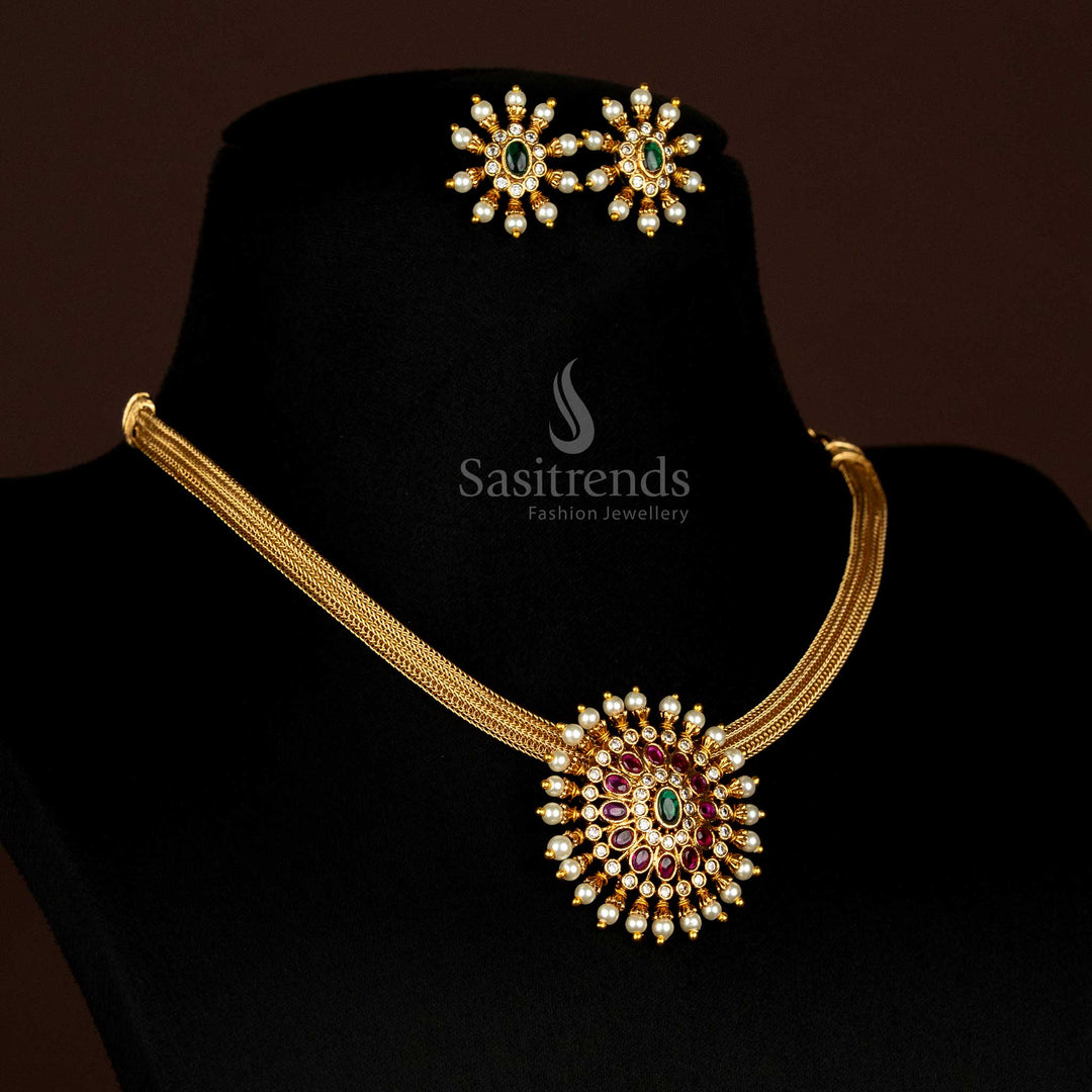 Luxurious Multi Colour Matte Gold Choker Necklace With Stunning Floral Engravings, Pearl Droppings, And Kemp Stone Highlights – Perfect For Festive Ensembles – Sasitrends