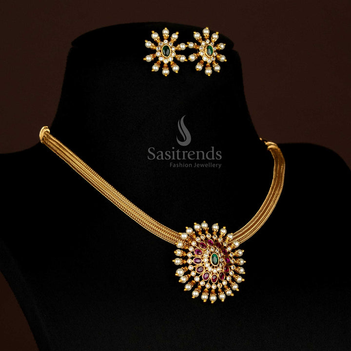Traditional Matte Gold Plated Floral Pendant Choker Jewellery Set | Temple Jewellery for Traditional Occasions - Sasitrends