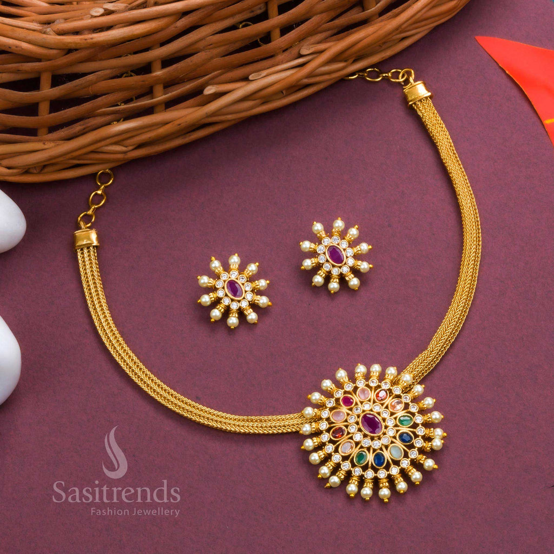 Traditional Temple Gold Plated Floral Pendant Choker Necklace Set with AD Stones - Perfect for Special Occasions - Sasitrends