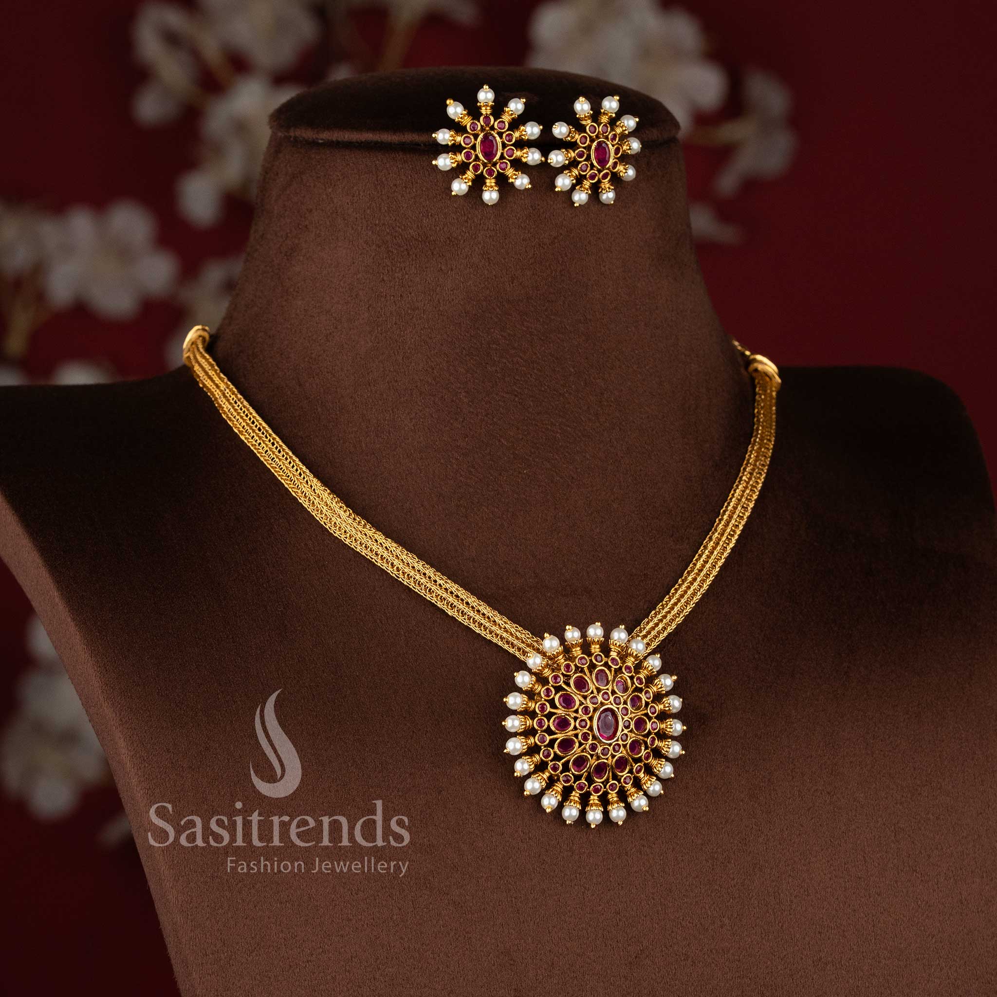Traditional Matte Gold Plated Floral Pendant Choker Jewellery Set with elegant temple-inspired craftsmanship for festive and traditional occasions - Sasitrends