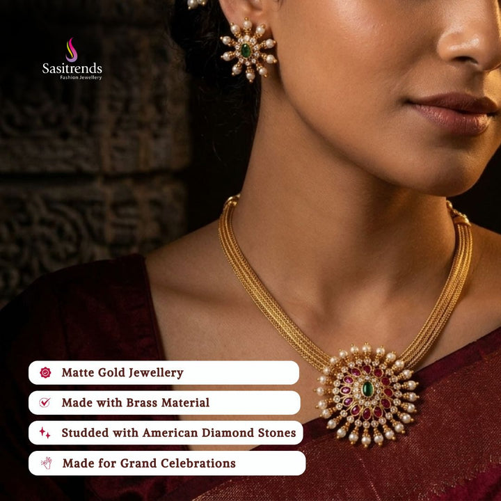 Premium Matte gold plated american diamond necklace set model image - Sasitrends