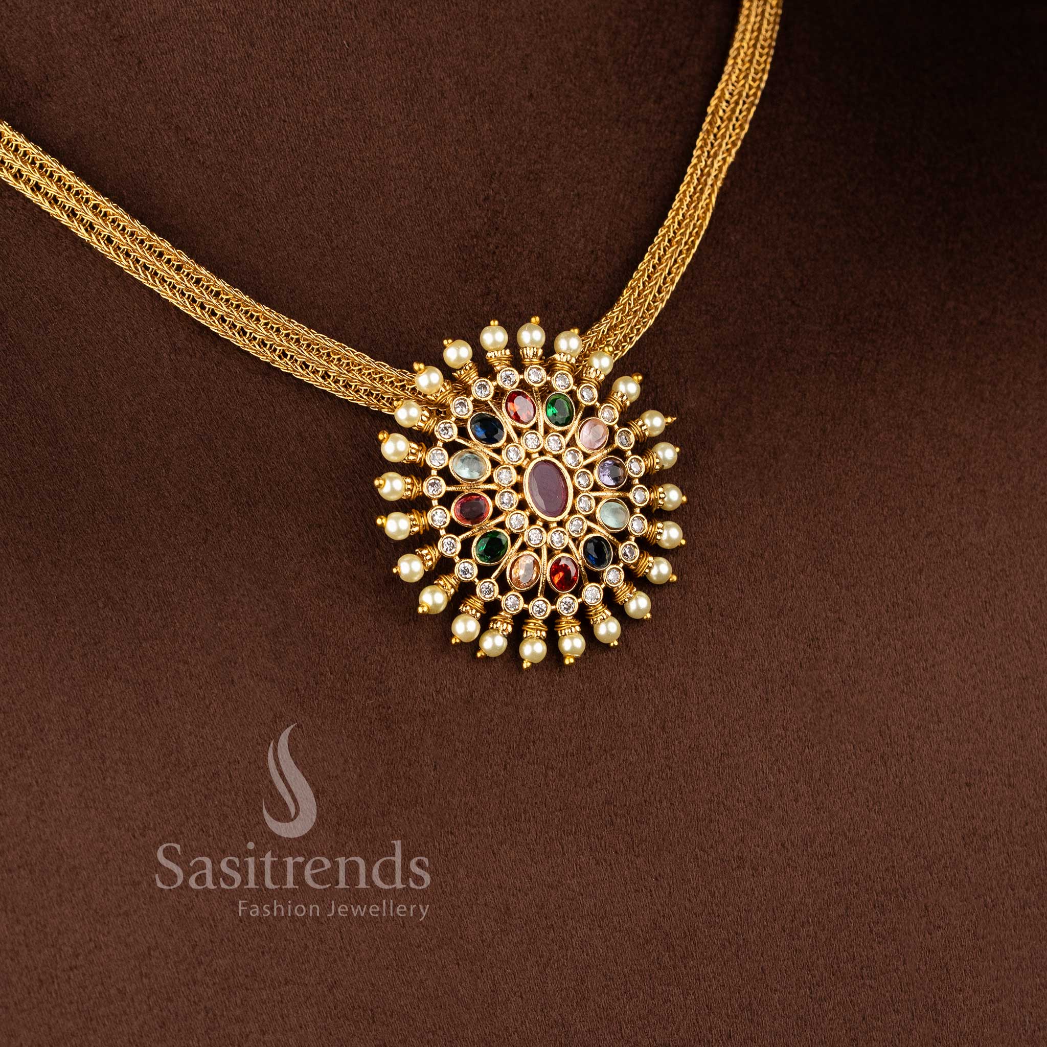 Traditional Matte Gold Plated Floral Navarathna Pendant Choker Jewellery Set with elegant temple-inspired craftsmanship for festive and traditional occasions - Sasitrends