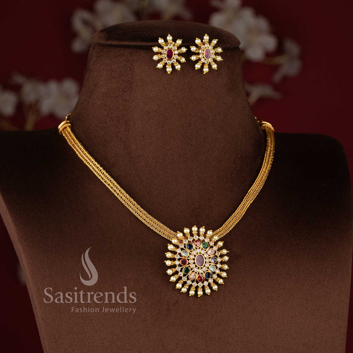 Traditional Matte Gold Plated Floral Navarathna Pendant Choker Jewellery Set with elegant temple-inspired craftsmanship for festive and traditional occasions - Sasitrends