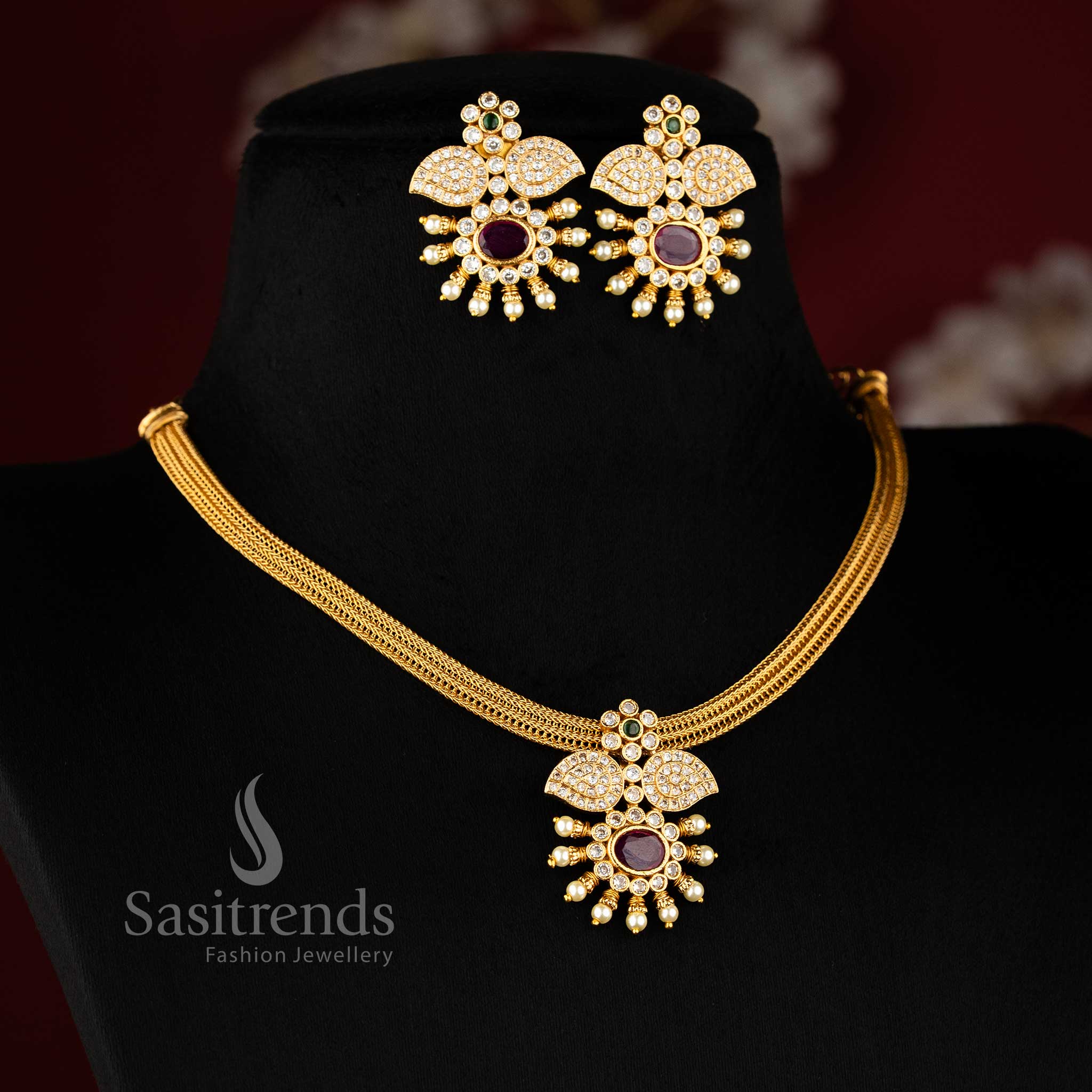 Vibrant multi-colour floral pendant choker jewellery set in matte gold, reflecting rich temple craftsmanship for festive celebrations – Sasitrends