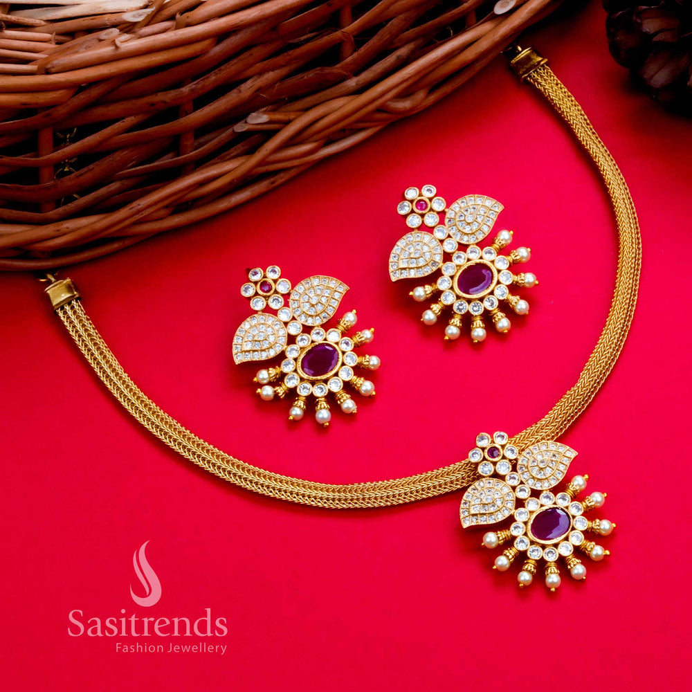 Classic temple matte gold choker jewellery set featuring a white and ruby floral pendant, designed for traditional functions and bridal glamour – Sasitrends