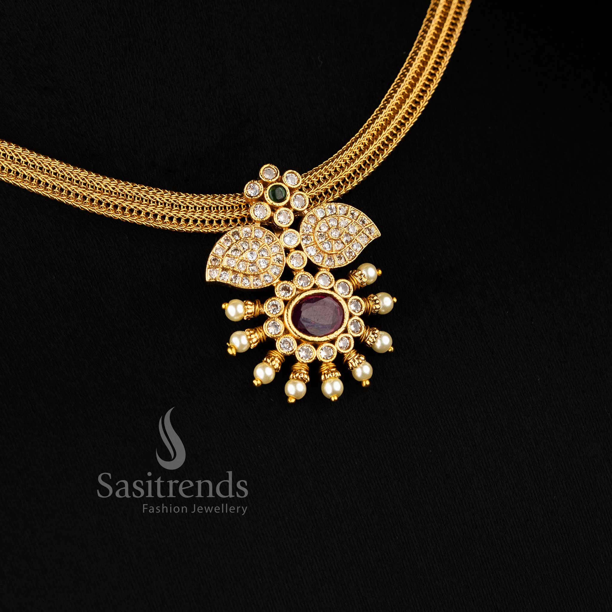 Vibrant multi-colour floral pendant choker jewellery set in matte gold, reflecting rich temple craftsmanship for festive celebrations – Sasitrends