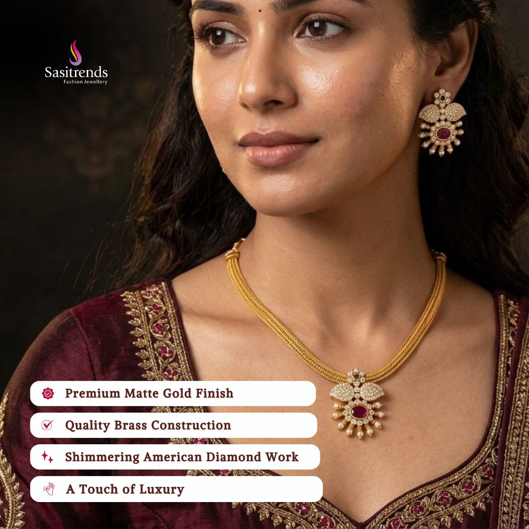 Premium Matte gold plated american diamond necklace set model image - Sasitrends