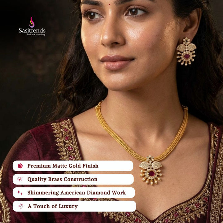 Premium Matte gold plated american diamond necklace set model image - Sasitrends