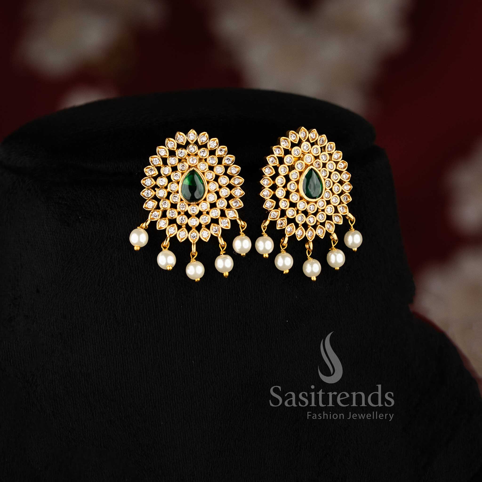 Graceful matte gold plated temple choker with white and green floral motifs, designed for wedding wear and rich ethnic styling – Sasitrends