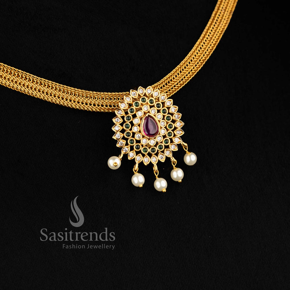 Vibrant matte gold plated choker with multi-shade floral carvings, exuding ethnic charm and temple-style grandeur – Sasitrends