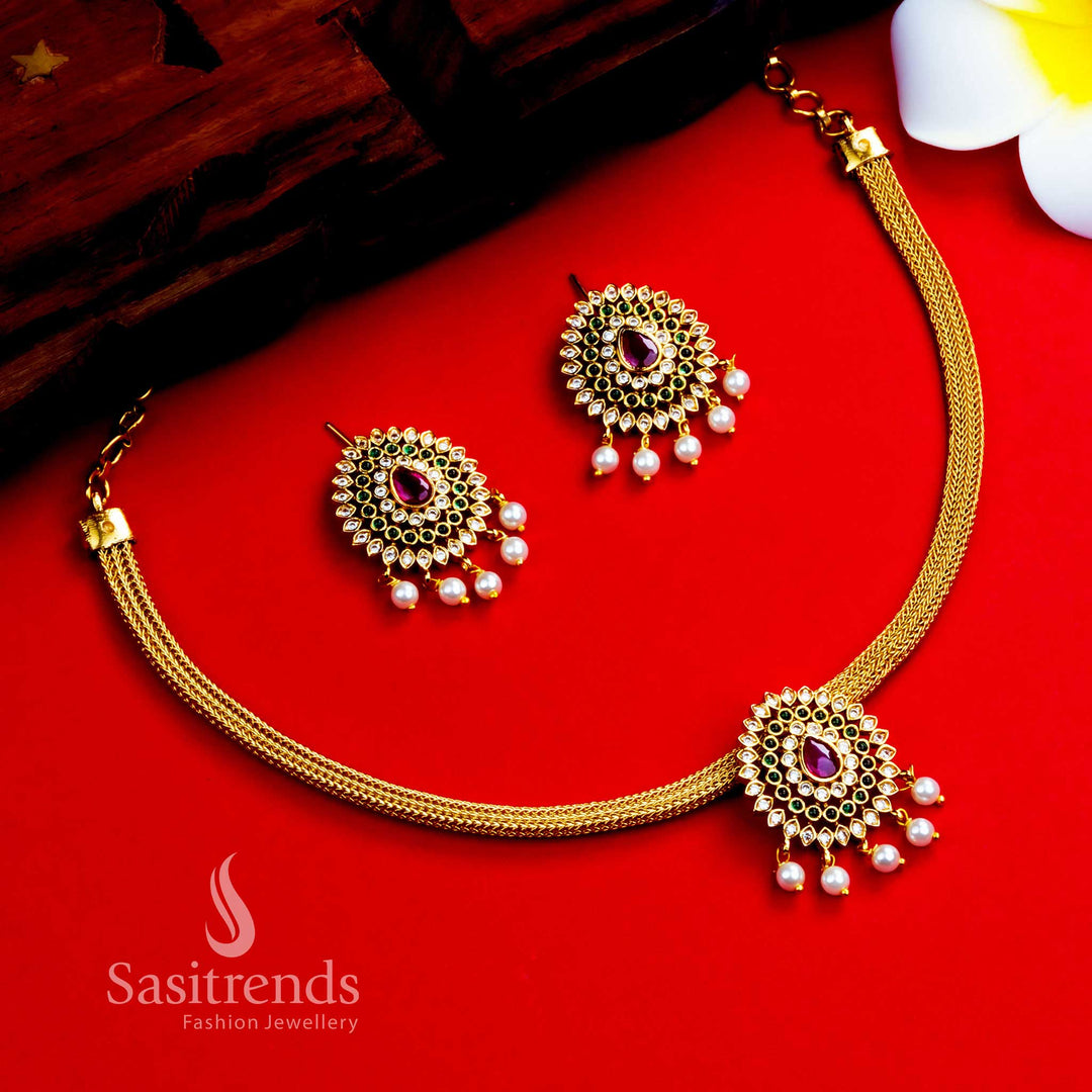 Vibrant matte gold plated choker with multi-shade floral carvings, exuding ethnic charm and temple-style grandeur – Sasitrends