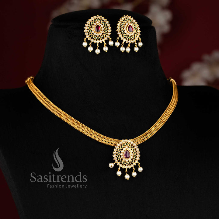 Vibrant matte gold plated choker with multi-shade floral carvings, exuding ethnic charm and temple-style grandeur – Sasitrends