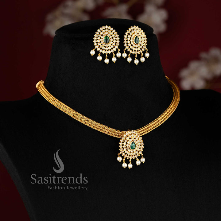 Graceful matte gold plated temple choker with white and green floral motifs, designed for wedding wear and rich ethnic styling – Sasitrends