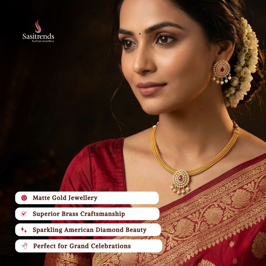 Premium Matte gold plated american diamond necklace set model image - Sasitrends