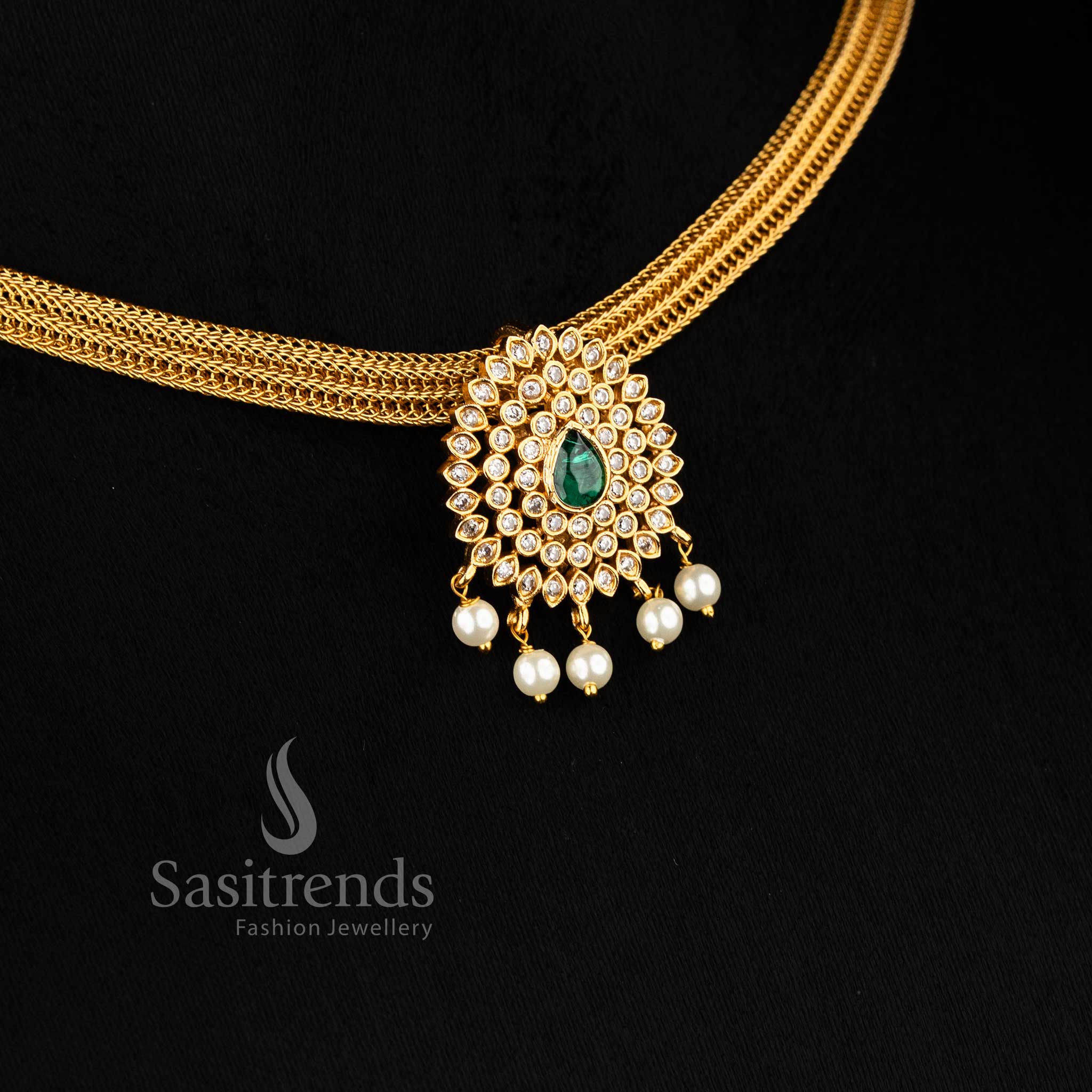 Graceful matte gold plated temple choker with white and green floral motifs, designed for wedding wear and rich ethnic styling – Sasitrends