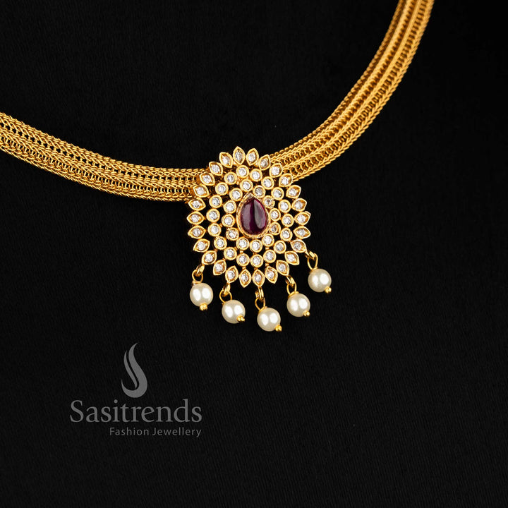 Graceful matte gold plated temple choker with white and ruby floral motifs, designed for wedding wear and rich ethnic styling – Sasitrends